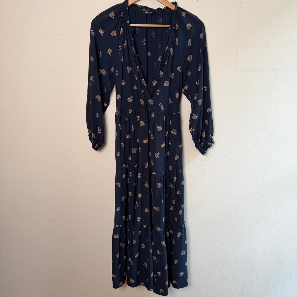 Madewell Challis Midi Dress Casual S Navy Boho Flowy Tiered Floral Long Sleeve